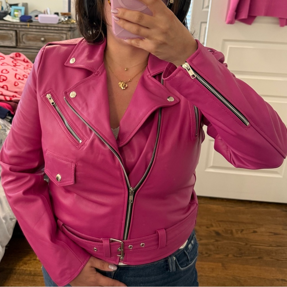 Pink Leather Moto Jacket with Asymmetrical Zipper